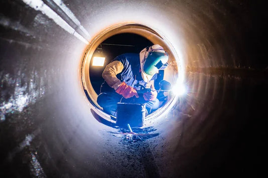 Welder working in pipeline at night. 