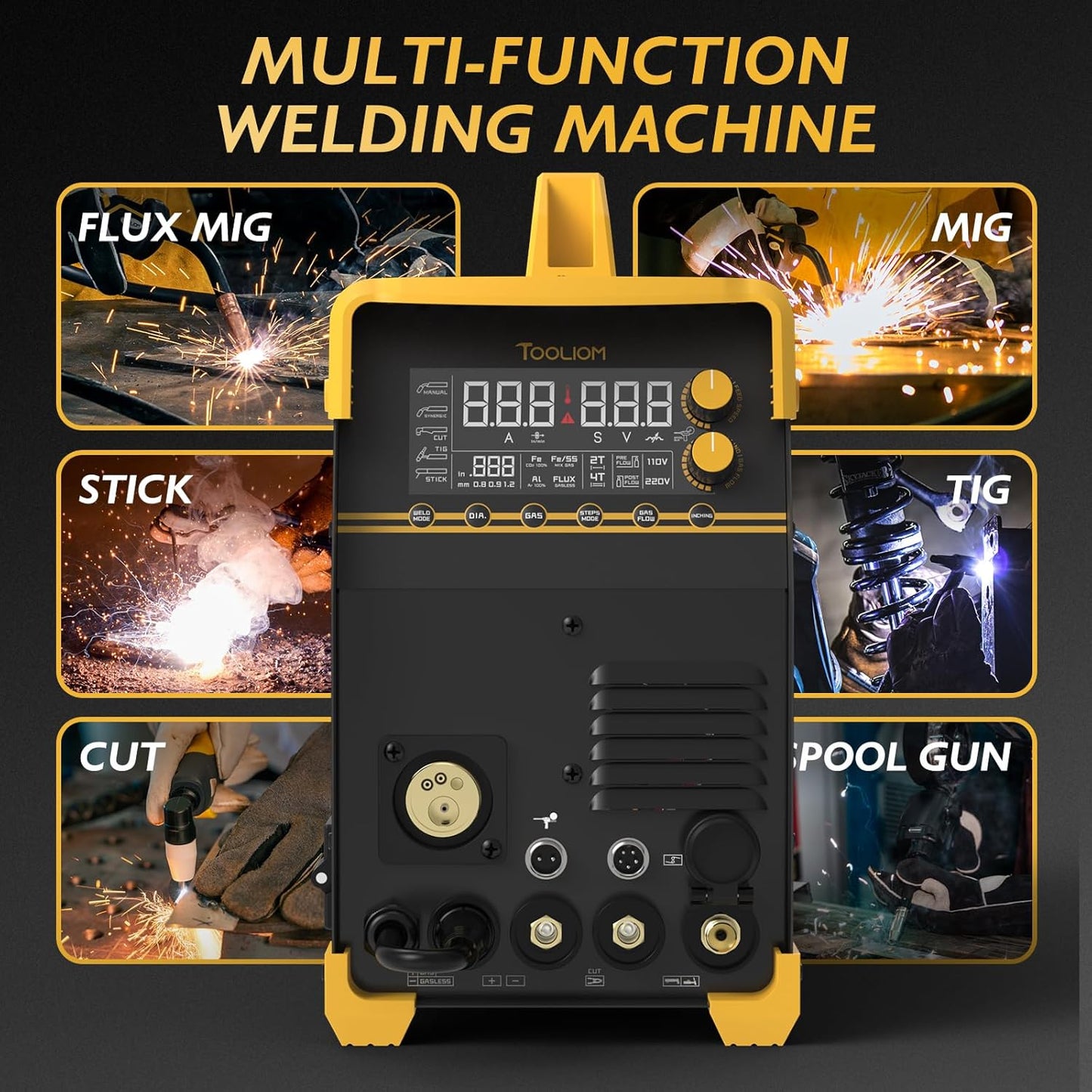 TOOLIOM 6-in-1 MIG/TIG/CUT/Stick Welder, 110/220V Dual Voltage Multiprocess Welding Machine, Spool Gun Compatible for Aluminum Welding