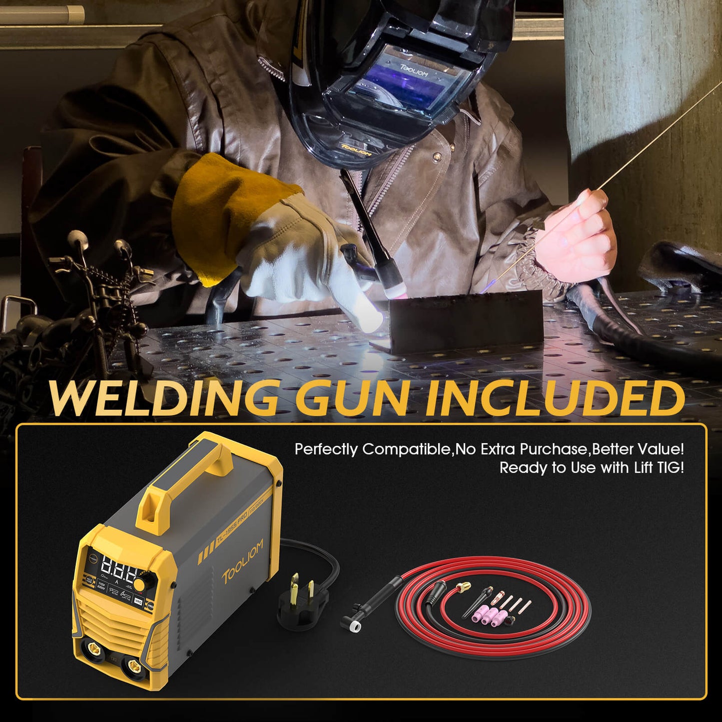 TOOLIOM 195A Stick Welder 110V/220V Dual Voltage Lift TIG MMA Welding Machine with Lift TIG Torch, VRD, Hot Start and ARC Force