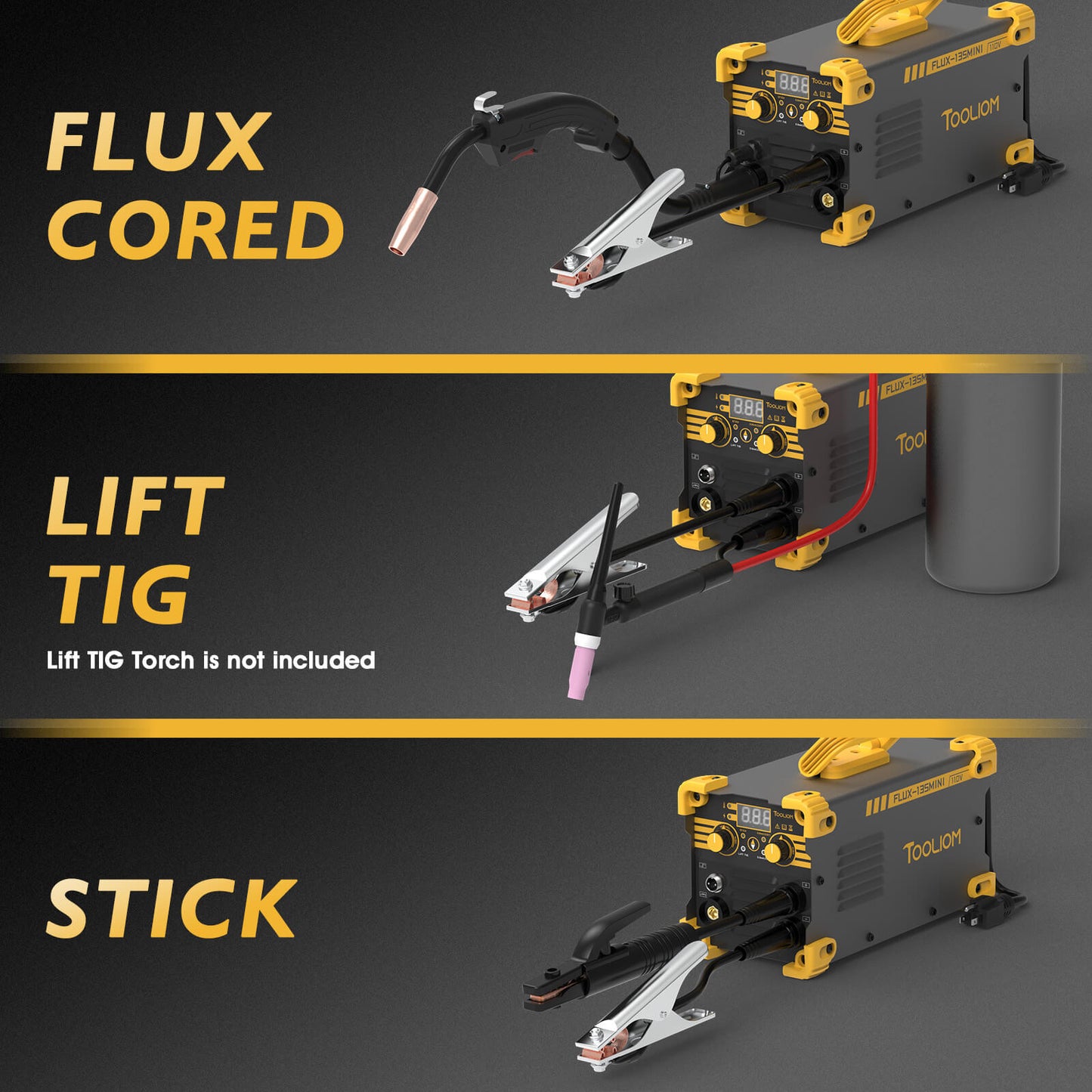 TOOLIOM 135A Mini MIG Welder 110V Flux Core Gasless MIG Lift TIG Stick 3-in-1 Portable Welding Machine