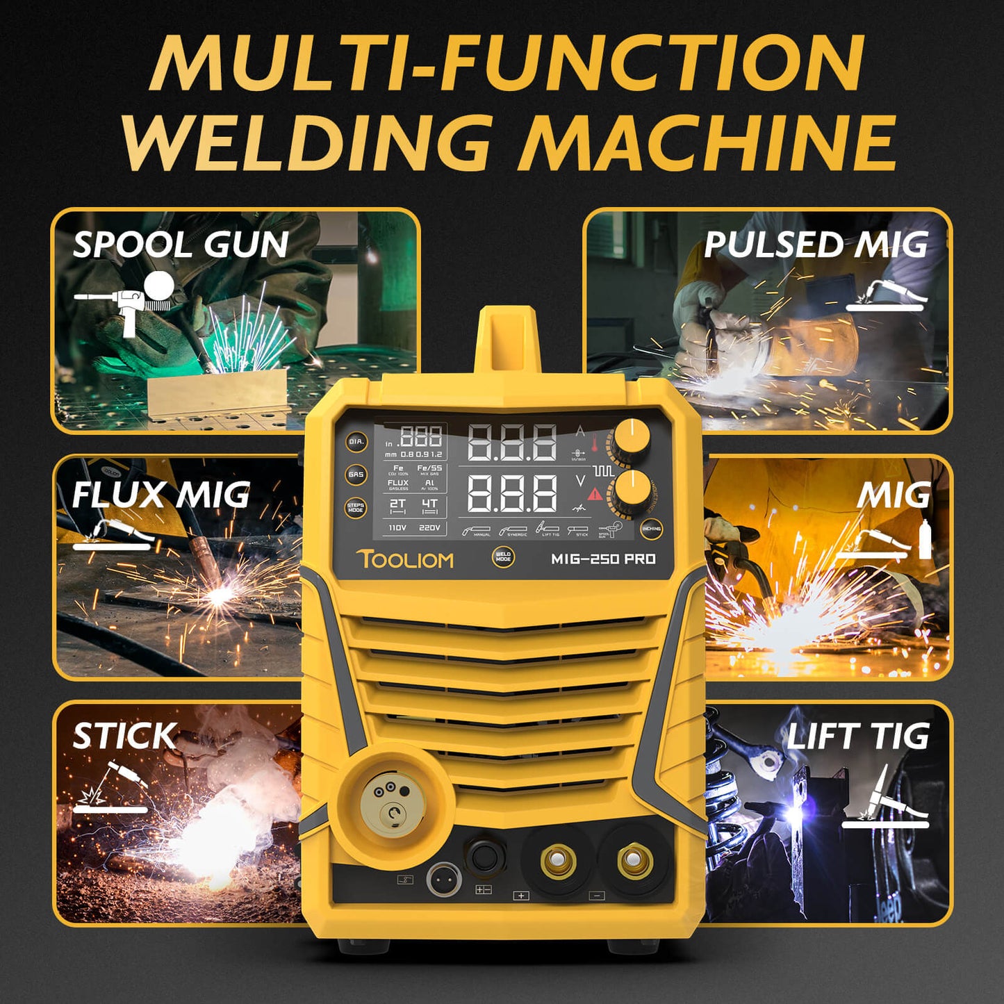 TOOLIOM 250A 6-in-1 Aluminum MIG Welder | 110V/220V Dual Voltage Multi-Process Welding Machine