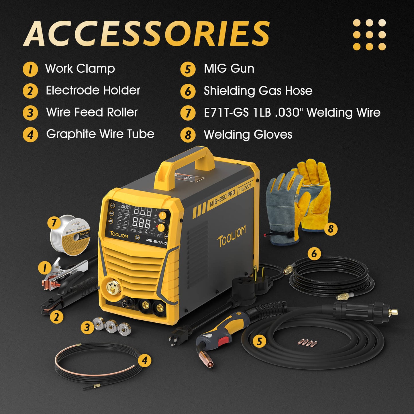 TOOLIOM 250A 6-in-1 Aluminum MIG Welder | 110V/220V Dual Voltage Multi-Process Welding Machine