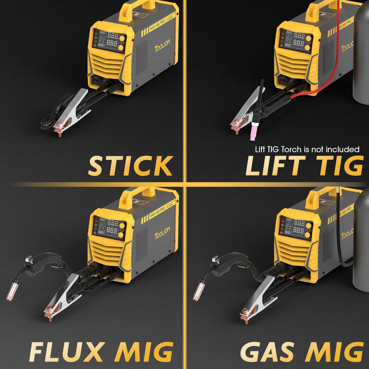 TOOLIOM 160A 4-in-1 MIG Welder 110V/220V Dual Voltage Gas MIG Flux Core Stick Lift TIG Welding Machine with LCD Display