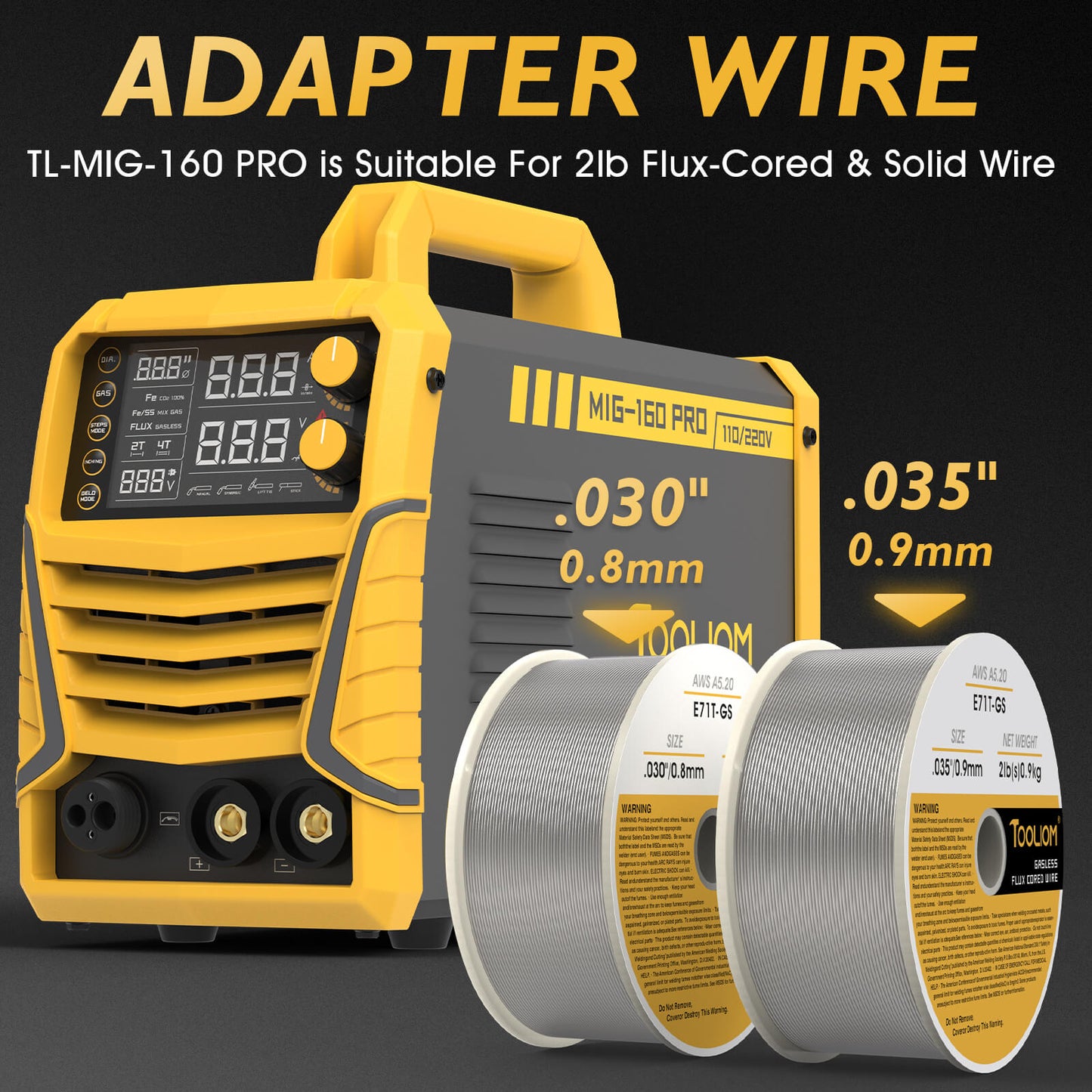 TOOLIOM 160A 4-in-1 MIG Welder 110V/220V Dual Voltage Gas MIG Flux Core Stick Lift TIG Welding Machine with LCD Display