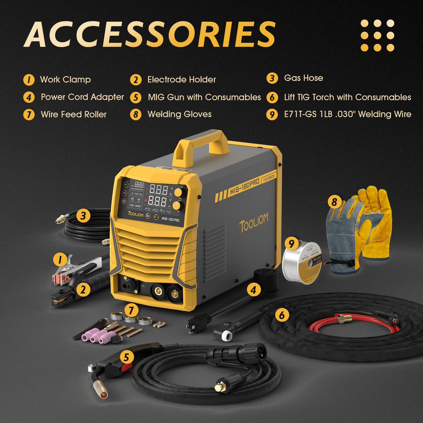 TOOLIOM 180A 4-in-1 MIG Welder 110V/220V Dual Voltage Gas MIG Flux Core Stick Lift TIG Welding Machine with Lift TIG Torch Kit