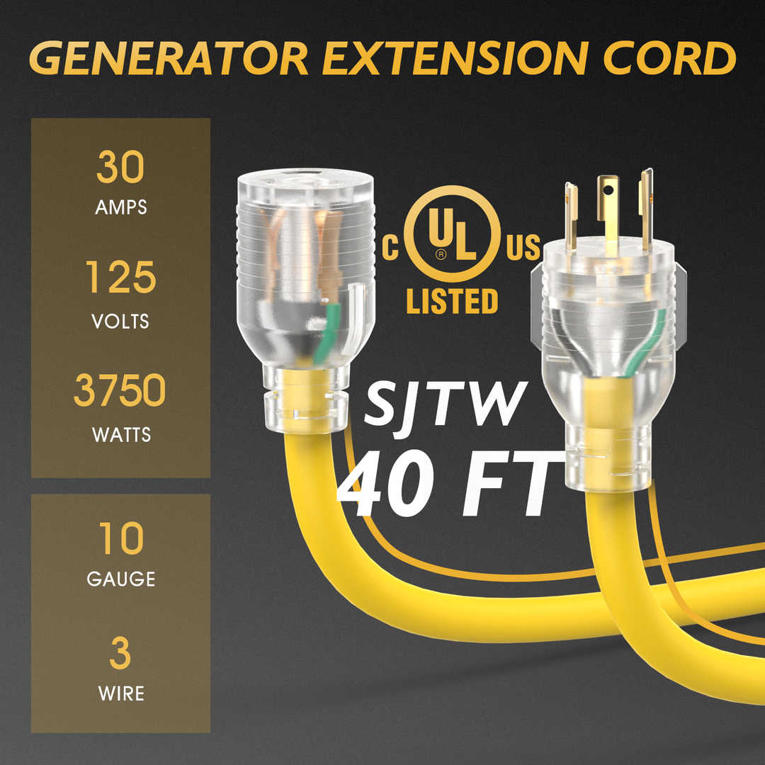 30 Amp 3-Prong NEMA L5-30P/L5-30R RV Generator Extension Power Cord